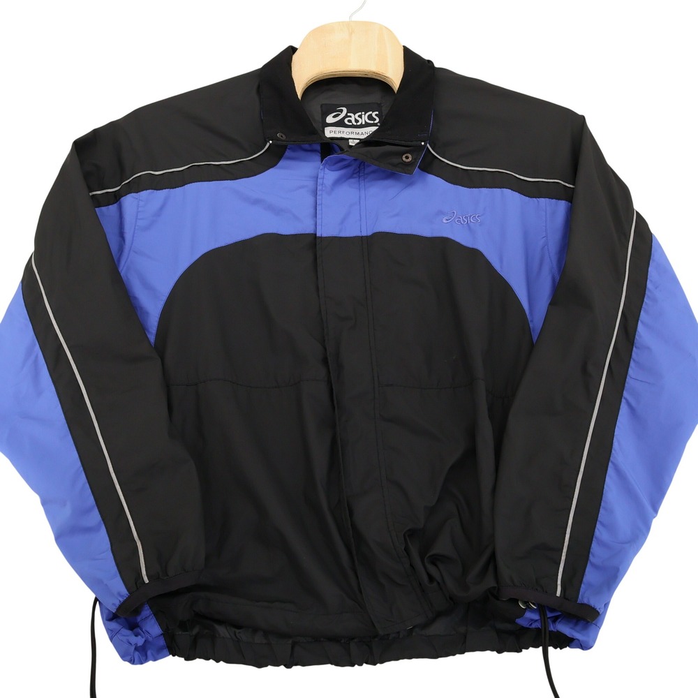 Asics‎ Performance Mens Windbreaker Jacket Large Black Blue Full Zip Reflective